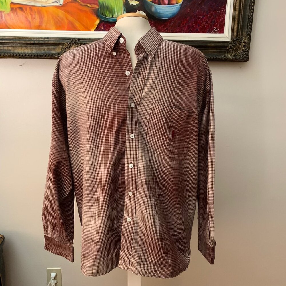 Polo Men’s L Shirt Checkered Brown and Tan Button Down Long Sleeves